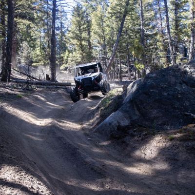 a truck driving down a dirt road in a forest